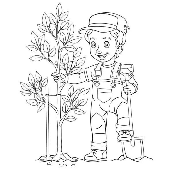 Vector illustration of Coloring page of cartoon farmer boy planting a tree