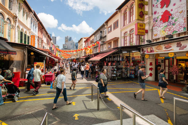 Tourists shopping tour in Chinatown, Singapore stock photo