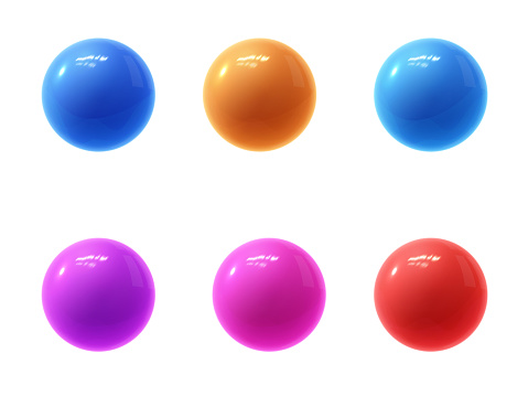 Realistic modern vector set of colorful shiny glossy plastic balls with glare reflections and shadows isolated on a white background.