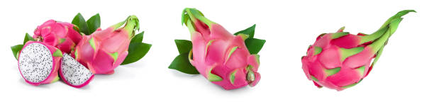 istock Ripe Dragon fruit, Pitaya or Pitahaya isolated on white background, fruit healthy concept. Set or collection 1200731550