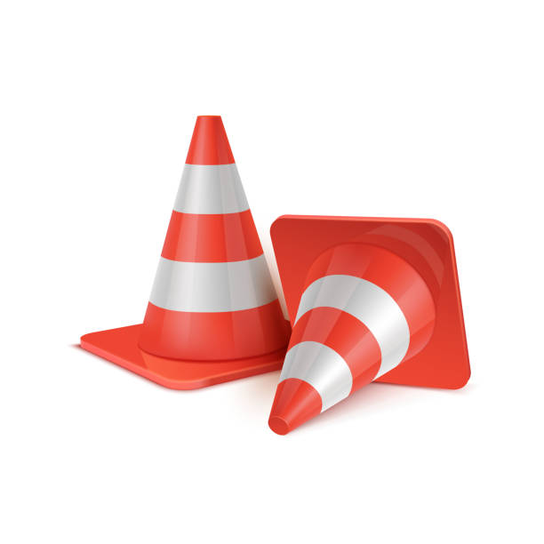 Realistic vector set of plastic road cones in various positions. realistic vector set of plastic red road Cones in various positions. striped traffic cones isolated on white background cone shape stock illustrations