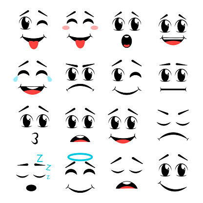Ilustración de Caras De Dibujos Animados Ojos Y Boca Expresivos Sonrientes  Llorando Y Sorprendidos Personajes Se Enfrentan A Expresiones Bonitos  Personajes Emoji Emoticonos En Estilo Japonés Conjunto De Iconos De  Ilustración Vectorial