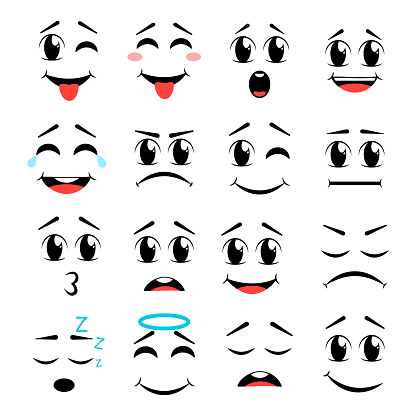Ilustración de Caras De Dibujos Animados Ojos Y Boca Expresivos Sonrientes Llorando Y Sorprendidos Personajes Se Enfrentan A Expresiones Bonitos Personajes Emoji Emoticonos En Estilo Japonés Conjunto De Iconos De Ilustración Vectorial Ilustración de Caras De Dibujos Animados Ojos Y Boca Expresivos Sonrientes Llorando Y Sorprendidos Personajes Se Enfrentan A Expresiones Bonitos Personajes Emoji Emoticonos En Estilo Japonés Conjunto De Iconos De Ilustración Vectorial