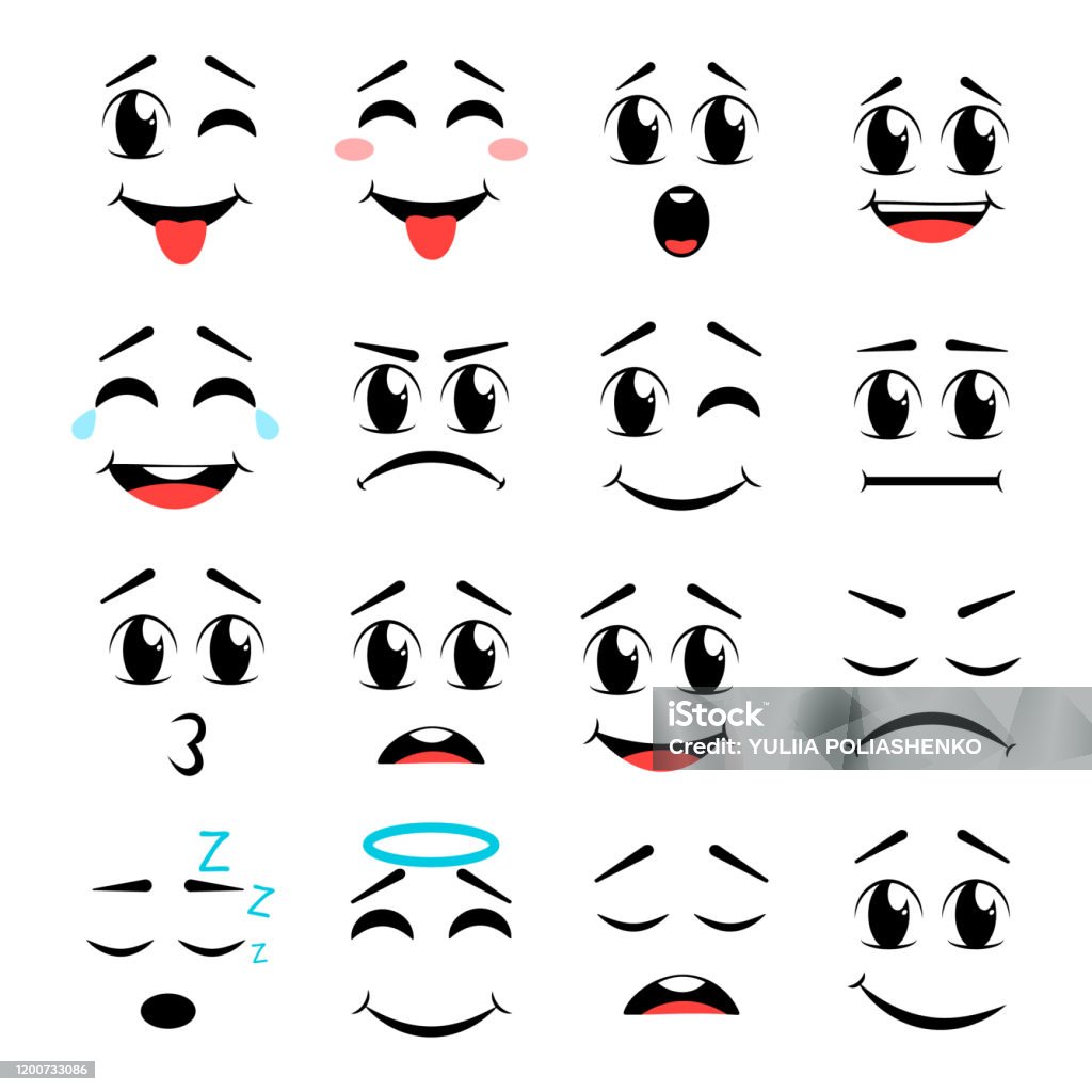 Vetores de Rostos De Desenhos Animados Olhos Expressivos E Boca Sorrindo  Chorando E Surpreso Personagens Rosto Expressões Personagens Emoji Emoticon  Bonito Em Estilo Japonês Conjunto De Ícones De Ilustração Vetorial Isolado e