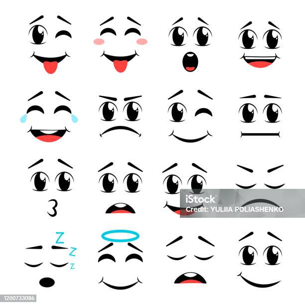 Vetores de Rostos De Desenhos Animados Olhos Expressivos E Boca Sorrindo  Chorando E Surpreso Personagens Rosto