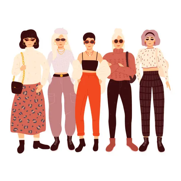Vector illustration of Group of adorable women dressed in trendy clothes isolated on white background. Flat cartoon vector illustration.