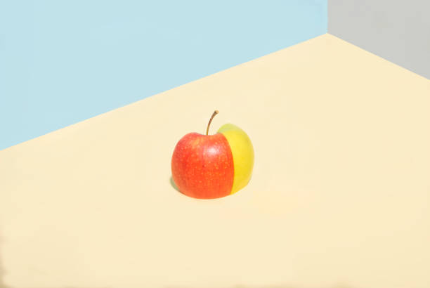 istock multi-colored apple with green and red, folded from halves. On a gray-blue background. Creative minimalism 1200734120