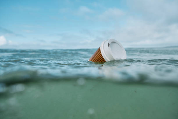 istock Environmental issues, used discarded single use paper Coffee takeout cup floating on the sea. 1200735111