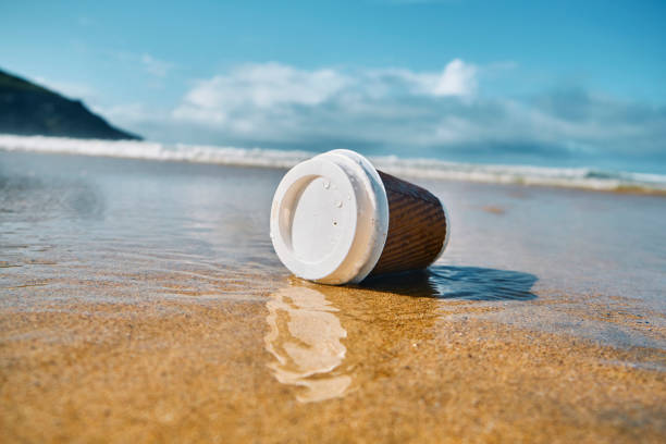 istock Environmental issues, Washed up used single use paper coffee cup at the shoreline of a beach. 1200735113