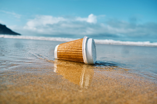 Environmental issues, Washed up used single use paper coffee cup at the shoreline of a beach.
