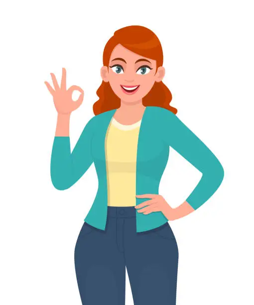 Vector illustration of Happy young woman showing okay sign. Trendy smiling girl making OK or cool gesture with hand fingers. Female character design illustration. Modern lifestyle concept in vector cartoon style.