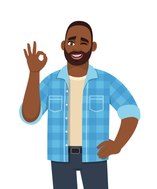 Happy young bearded African man showing okay, cool gesture with winking eye. Trendy successful black person making OK, good symbol. Male character design illustration in vector cartoon style. Happy young bearded African man showing okay, cool gesture with winking eye. Trendy successful black person making OK, good symbol. Male character design illustration in vector cartoon style. young man wink stock illustrations