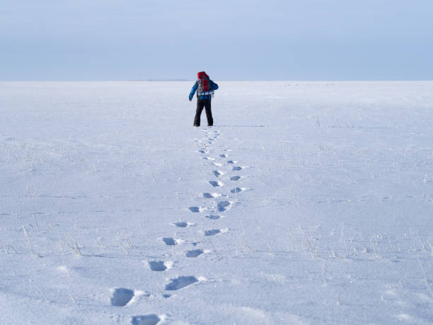 istock Lonely human walk by snow desert. 1200737488