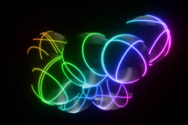 istock Lots of flying and separating drops on a black background with neon lighting 3D illustration 1200737730