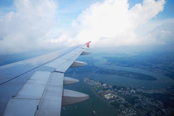 istock view from Aeroplane, Aero view, bird eye view, sky view with wing plane 1200739735
