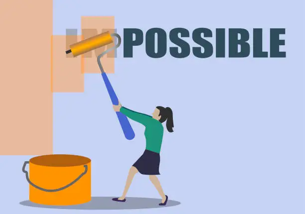 Vector illustration of Woman turning the word Impossible into Possible.