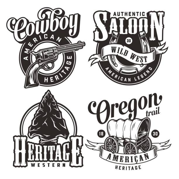 Vintage wild west prints set Vintage wild west prints set with revolver horseshoe flint arrowhead old wagon in monochrome style isolated vector illustration saloon logo stock illustrations