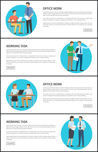 Office Work Task Bright Cards Vector Illustration Stock Illustration ...