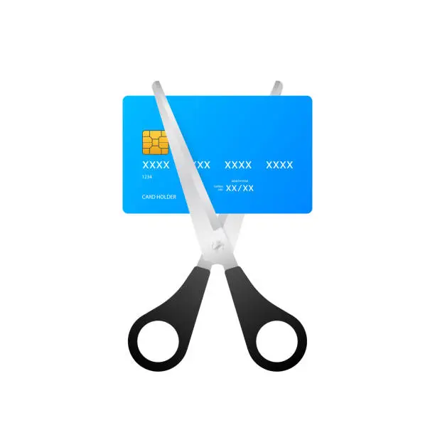 Vector illustration of Scissors cutting credit card. Vector stock illustration.
