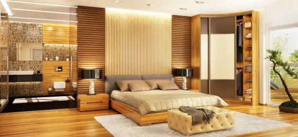 bedroom with luxurious bathroom and large wardrobe