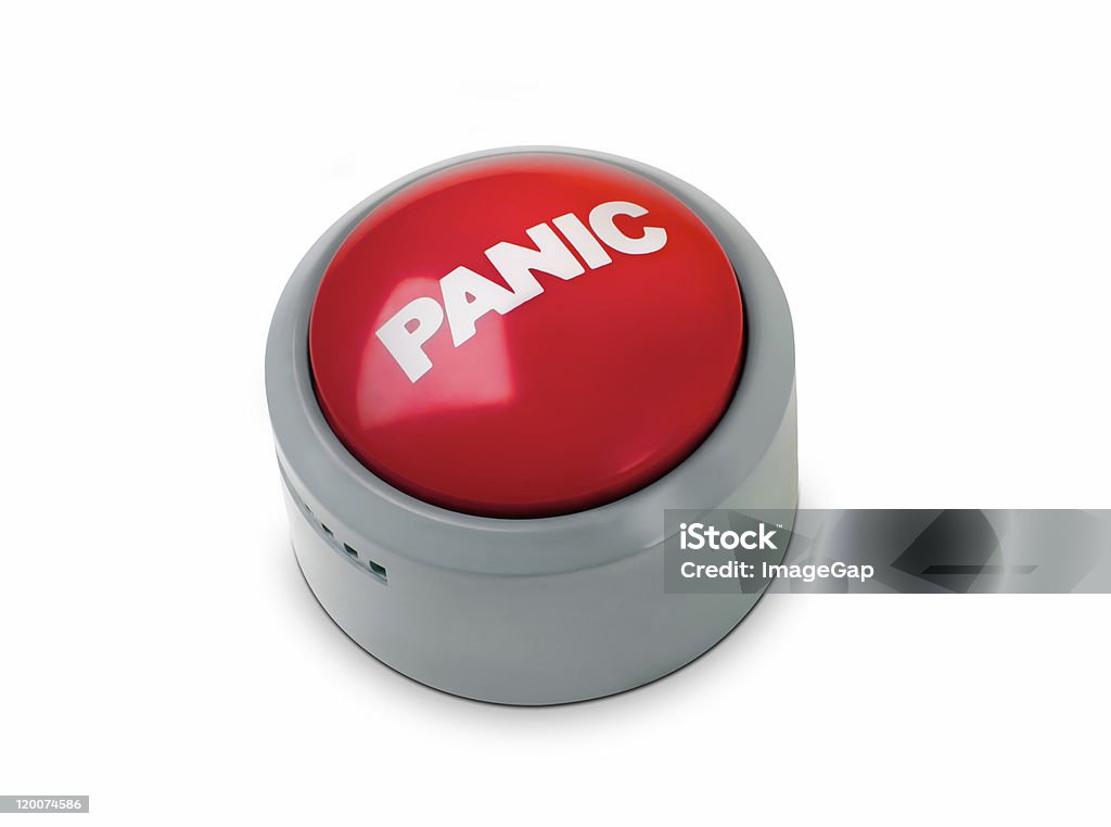 Panic button Novelty red panic button isolated on white Clipping Path Stock Photo