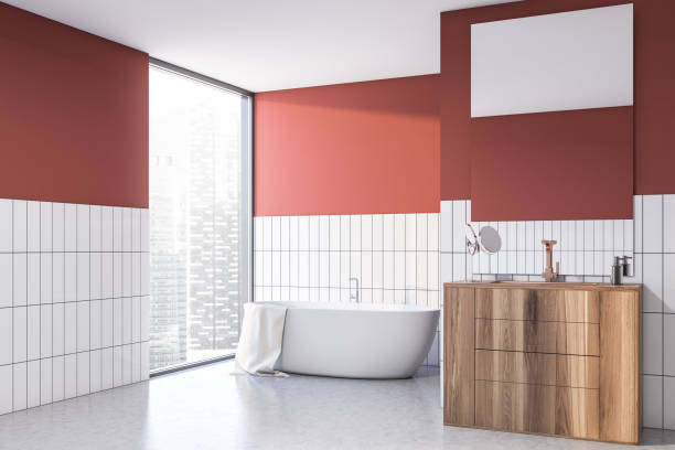 istock Red and white tile bathroom corner, tub and sink 1200746822