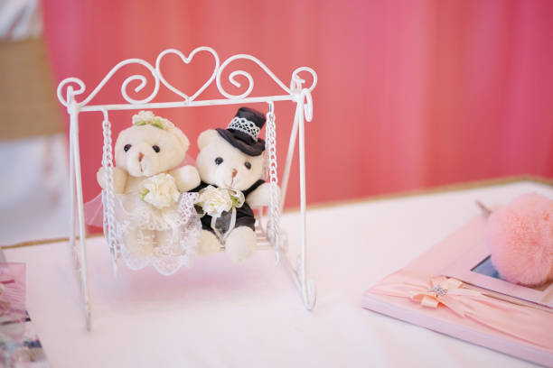 Teddy bear lovers. Teddy bear plush dolls dressed up in bride and groom costume for wedding and Valentine's concept. Soft focus on the groom bear.