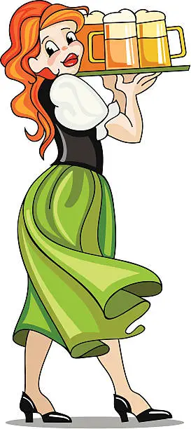 Vector illustration of Red-haired girl in green skirt with tray of beer