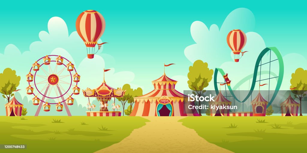 Amusement Park With Circus Tent And Carousel Stock Illustration - Download  Image Now - Traveling Carnival, Amusement Park, Circus - iStock