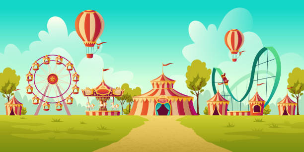 Amusement park with circus tent and carousel Carnival funfair, amusement park with circus tent, roller coaster, carousel and ferris wheel. Vector cartoon illustration of summer landscape with attractions and balloons traditional festival illustrations stock illustrations