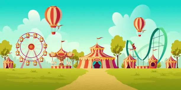 Vector illustration of Amusement park with circus tent and carousel