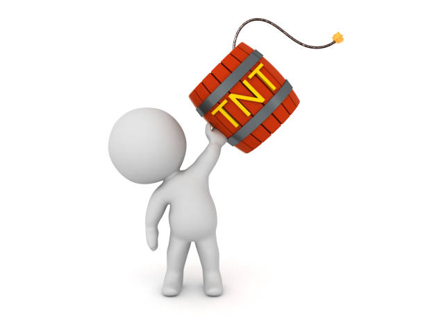 3D Character holding up a tnt powder keg. 3D Rendering isolated on white.