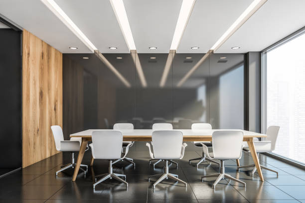 istock Wooden and gray panel meeting room 1200749682