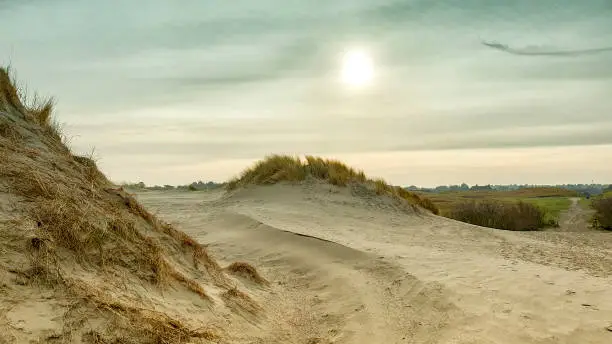 Two sandy dunes with marram grass, a hiking trail and in the far distance the roof of a holiday home on the Frisian island Ameland in the Wadden sea.