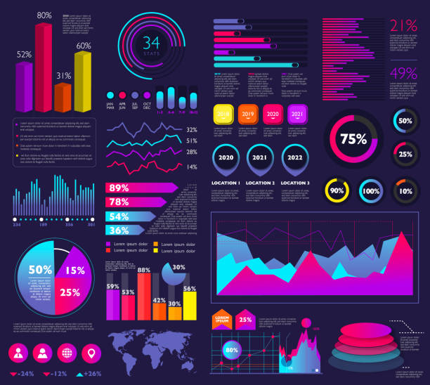 Set of infographic elements: bar graphs, statistics, pie charts, icons, presentation graphics Set of infographic colorful elements: bar charts; statistics, circle charts, icons, presentation graphics bank financial building drawings stock illustrations