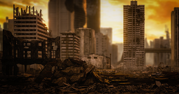 Paisaje urbano post apocalíptico (enfoque en primer plano) photo