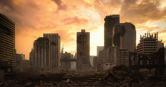 Digitally generated post apocalyptic scene depicting a desolate urban landscape with buildings in ruins at dusk/dawn.

The scene was rendered with photorealistic shaders and lighting in Autodesk® 3ds Max 2020 with V-Ray Next with some post-production added.