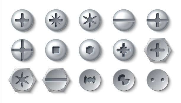 istock Realistic screws. Metal bolt head and steel rivets with washers and nuts. Vector top view of round and hexagonal screws and fasteners 1200751759