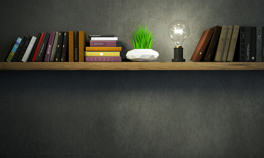 3d illustration. Vintage bookshelf with lamp and plant in a dark room. Dark background banner