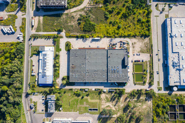 aerial view of industrial units - office park contemporary construction architecture imagens e fotografias de stock