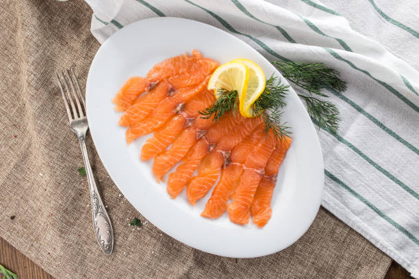 istock slices of smoked salmon on white plate on tablecloth 1200753929