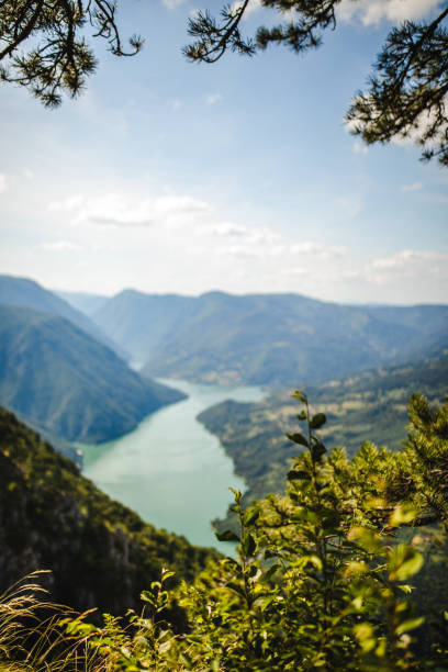 A beautiful landscape showcases a long river meandering through green hills, dotted with small settlements beneath a pastel sky.