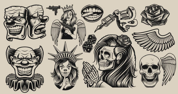 ilustraciones, imágenes clip art, dibujos animados e iconos de stock de conjunto de elementos de diseño vectorial para el tema del tatuaje - tattoo machine