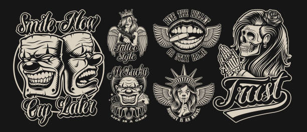 Set of vector illustrations in chicano tattoo style Set of vector illustrations in chicano tattoo style.Perfect for posters, apparel, shirt prints and many other uses. Text is on the separate group. scary clown mouth stock illustrations