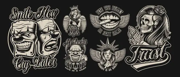 Vector illustration of Set of vector illustrations in chicano tattoo style