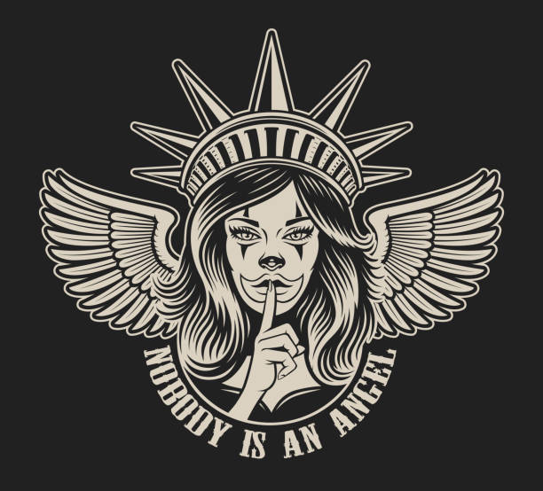 Vector illustration of a girl in Statue of Liberty headwear Vector illustration of a girl in Statue of Liberty headwear in chicano tattoo style.Great for apparel prints and many other uses. statue of liberty replica stock illustrations