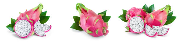 istock Ripe Dragon fruit, Pitaya or Pitahaya isolated on white background, fruit healthy concept. Set or collection 1200756175