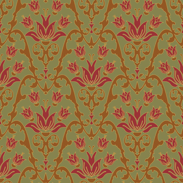 ilustrações, clipart, desenhos animados e ícones de padrão vetorial sem costura com lírios vermelhos em fundo verde. design de papel de parede vintage floral renascentista. - baroque style wallpaper pink retro revival