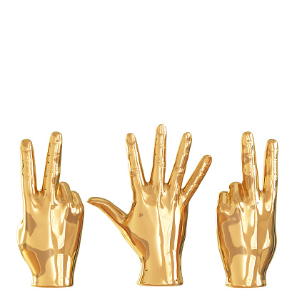 Three golden figures of hands showing different gestures on a white background. 3d rendering