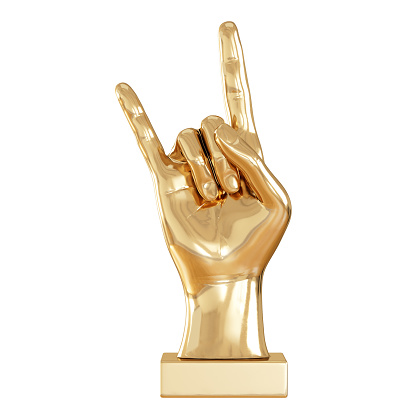 A golden figurine of a hand with two raised fingers on white background. Front view. 3d rendering